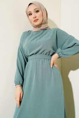 Bel Lastikli Kuşaklı Ayrobin Elbise Çağla Yeşili - Elbise