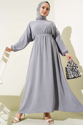 Bel Lastikli Kuşaklı Ayrobin Elbise Gri 