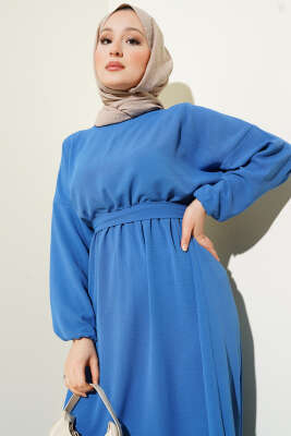 Bel Lastikli Kuşaklı Ayrobin Elbise İndigo - Elbise