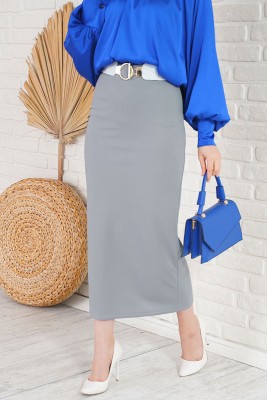 Bel Lastikli Likralı Gri Kalem Etek