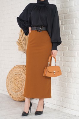 Bel Lastikli Likralı Taba Kalem Etek