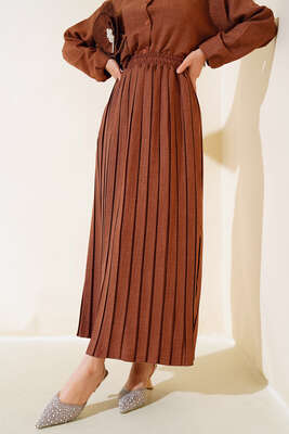 Bel Lastikli Pileli Etek Kahve 