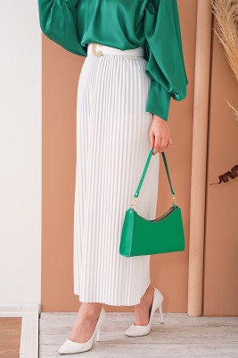 Bel Lastikli Piliseli Beyaz Etek