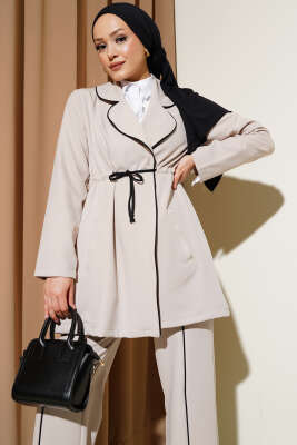 Bel Tünelli Biye Detaylı İkili Takım Bej - İkili Takım