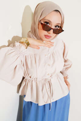Bel Tünelli Büzgülü Kısa Gömlek Bej 