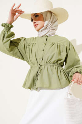 Bel Tünelli Büzgülü Kısa Gömlek Haki 