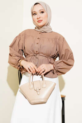 Bel Tünelli Büzgülü Kısa Gömlek Kahve 