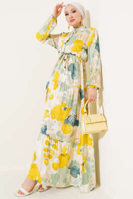 Bel Tünelli Düğmeli Desenli Elbise Hardal