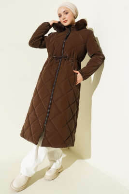 Bel Tünelli Fermuarlı Kapüşonlu Kapitone Mont Kahve - GÜL NİDA