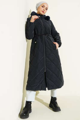 Bel Tünelli Fermuarlı Kapüşonlu Kapitone Mont Lacivert - GÜL NİDA