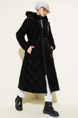 Bel Tünelli Fermuarlı Kapüşonlu Kapitone Mont Siyah - GÜL NİDA