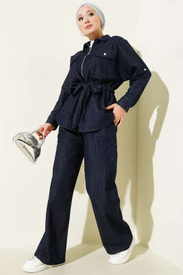Bel Tünelli Fermuarlı Kot İkili Takım Lacivert - FEVERAN