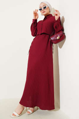 Bel Tünelli Kabartma Çizgili Jile İkili Takım Bordo