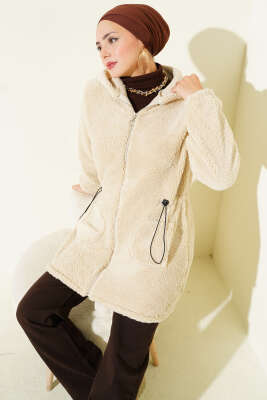 Bel Tünelli Lastikli Peluş Hırka Bej 