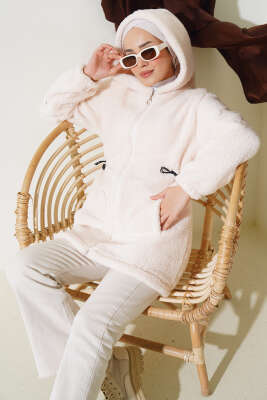 Bel Tünelli Lastikli Peluş Hırka Ekru 