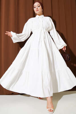 Bel Tünelli Poplin Kat Kat Elbise Beyaz 