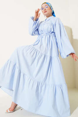 Bel Tünelli Poplin Kat Kat Elbise Mavi 