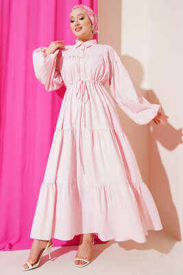 Bel Tünelli Poplin Kat Kat Elbise Pembe - DUFON