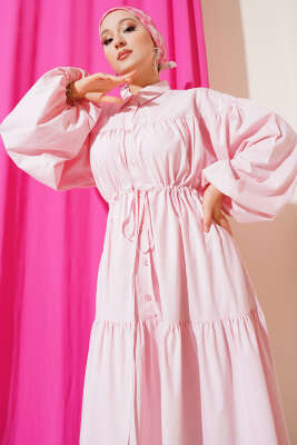 Bel Tünelli Poplin Kat Kat Elbise Pembe - Elbise