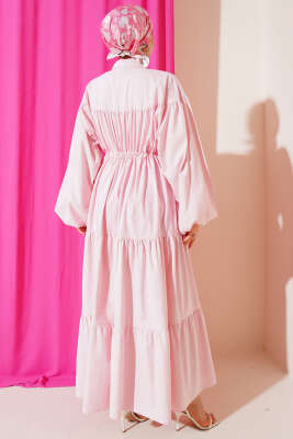 Bel Tünelli Poplin Kat Kat Elbise Pembe - Elbise