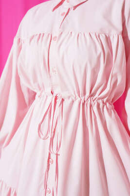 Bel Tünelli Poplin Kat Kat Elbise Pembe - Elbise