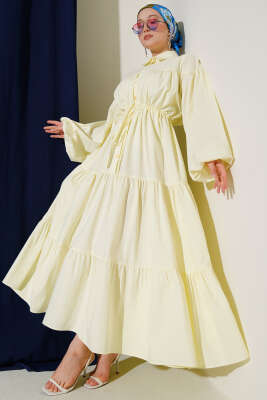 Bel Tünelli Poplin Kat Kat Elbise Sarı 