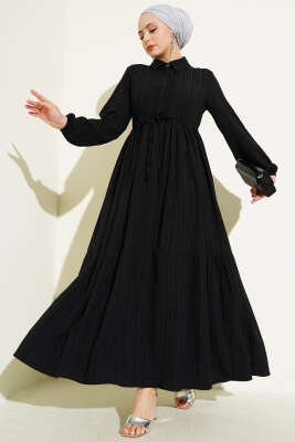 Bel Tünelli Yarım Gizli Düğmeli Elbise Siyah