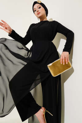 Belden Bağlamalı Şifon Tulum Siyah - ARANLI TEKSTİL