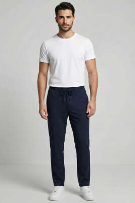 Beli Lastikli Bağlamalı Erkek Pantolon Lacivert - Erkek Pantolon