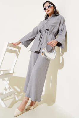 Beli Lastikli Göğüs Cepli İkili Takım Gri 