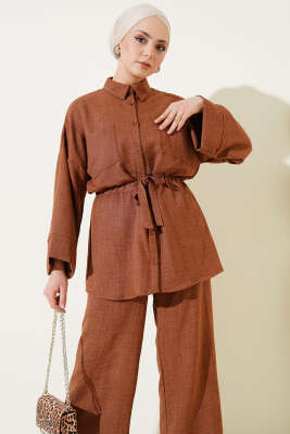 Beli Lastikli Göğüs Cepli İkili Takım Kahve - İkili Takım