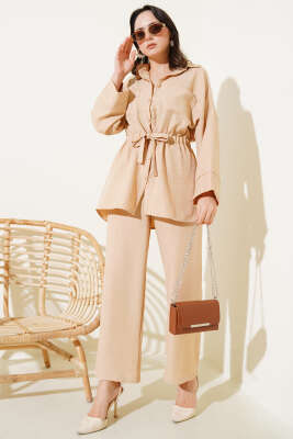 Beli Lastikli Göğüs Cepli İkili Takım Latte - İkili Takım