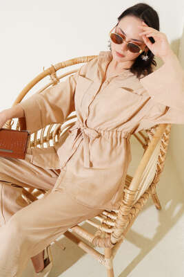 Beli Lastikli Göğüs Cepli İkili Takım Latte 