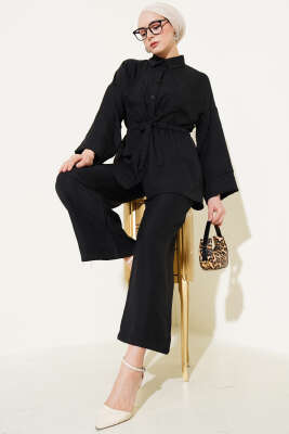 Beli Lastikli Göğüs Cepli İkili Takım Siyah