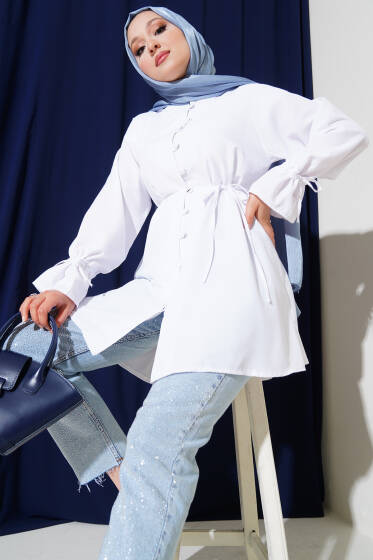 Bilek Tünelli Brit Düğmeli Gömlek Beyaz - Gömlek