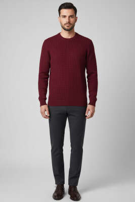 Bisiklet Yaka Örme Triko Erkek Kazak Bordo - Erkek Kazak