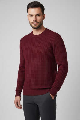 Bisiklet Yaka Örme Triko Erkek Kazak Bordo 