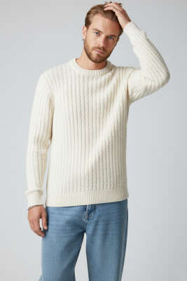 Bisiklet Yaka Örme Triko Erkek Kazak Ekru - BEKTAŞ