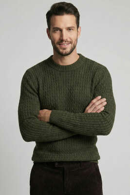 Bisiklet Yaka Örme Triko Erkek Kazak Haki 