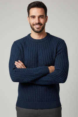 Bisiklet Yaka Örme Triko Erkek Kazak İndigo 