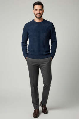 Bisiklet Yaka Örme Triko Erkek Kazak İndigo - Erkek Kazak