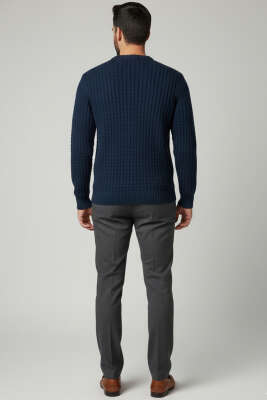 Bisiklet Yaka Örme Triko Erkek Kazak İndigo - Erkek Kazak