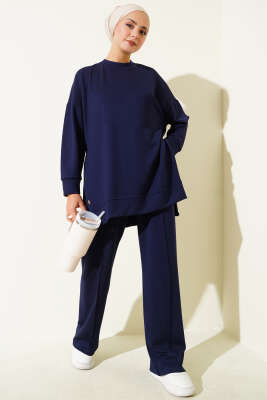 Bisiklet Yaka Yanları Metal Düğmeli İkili Takım Lacivert