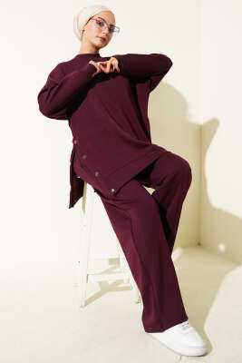 Bisiklet Yaka Yanları Metal Düğmeli İkili Takım Mürdüm