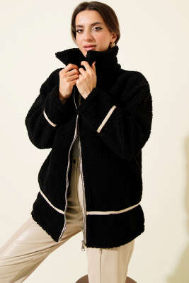 Biye Şeritli Peluş Mont Siyah - Kadın Giyim Modelleri