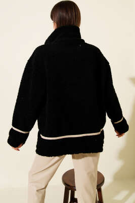 Biye Şeritli Peluş Mont Siyah - Kadın Giyim Modelleri