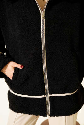 Biye Şeritli Peluş Mont Siyah - Kadın Giyim Modelleri