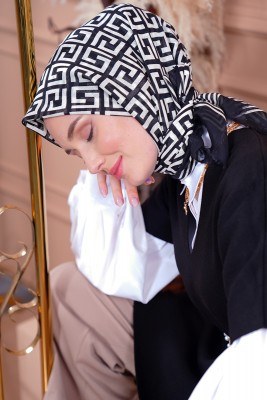 Black White Serisi Labirent Desen Siyah Eşarp