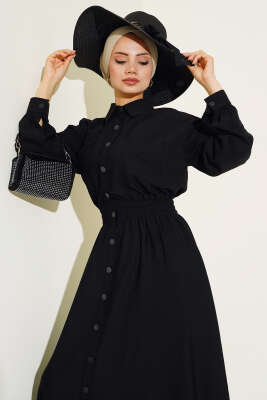 Boy Düğmeli Çift Cepli Elbise Siyah 