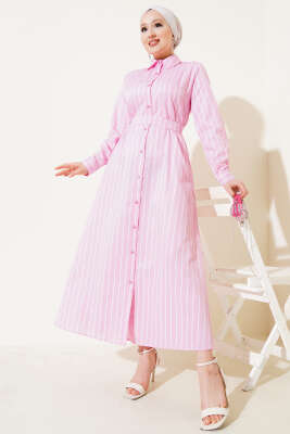 Boydan Düğmeli Kuşaklı Çizgili Elbise Pembe